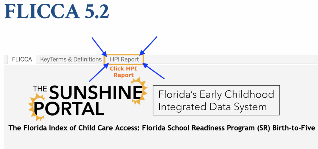 Shows users where to locate the HPI Report tab on the FLICCA 5.2 map. Beneath the FLICCA 5.2 title are three tabs and it is the third tab.
